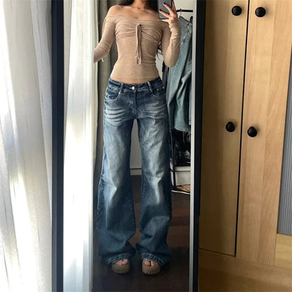 Women's Retro Wide Leg Washed Blue Jeans Summer New Cool Girl Straight Bottoms Vintage Casual Trousers Female Mid-Waisted Pants