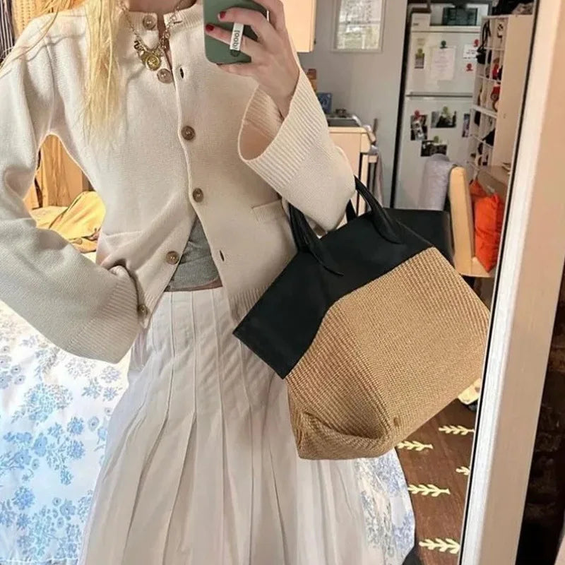 Summer Straw Shoulder Women Large Capacity Rattan Handle Splicing Color Beach Bag Genuine Leather Tote Bags For Women