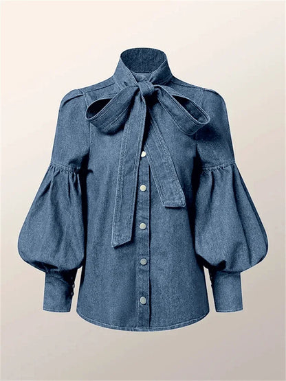 Female Stylish Tie Design High Neck Blouses New Autumn Fashion Imitation Denim Puff Sleeves Casual Shirts