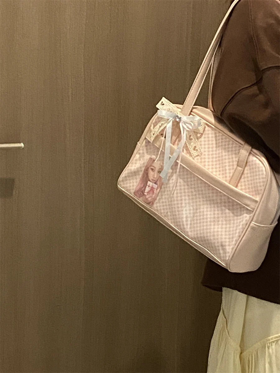 Sweet Girl Japanese Original Pink Plaid Small Capacity Transparent Pain Bag Baby Bag Two-dimensional Student Shoulder Bags
