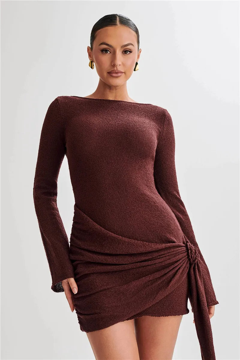 Boucle Knit Boat Neck Bell Sleeve Knot Detail Wrap Mini Dress