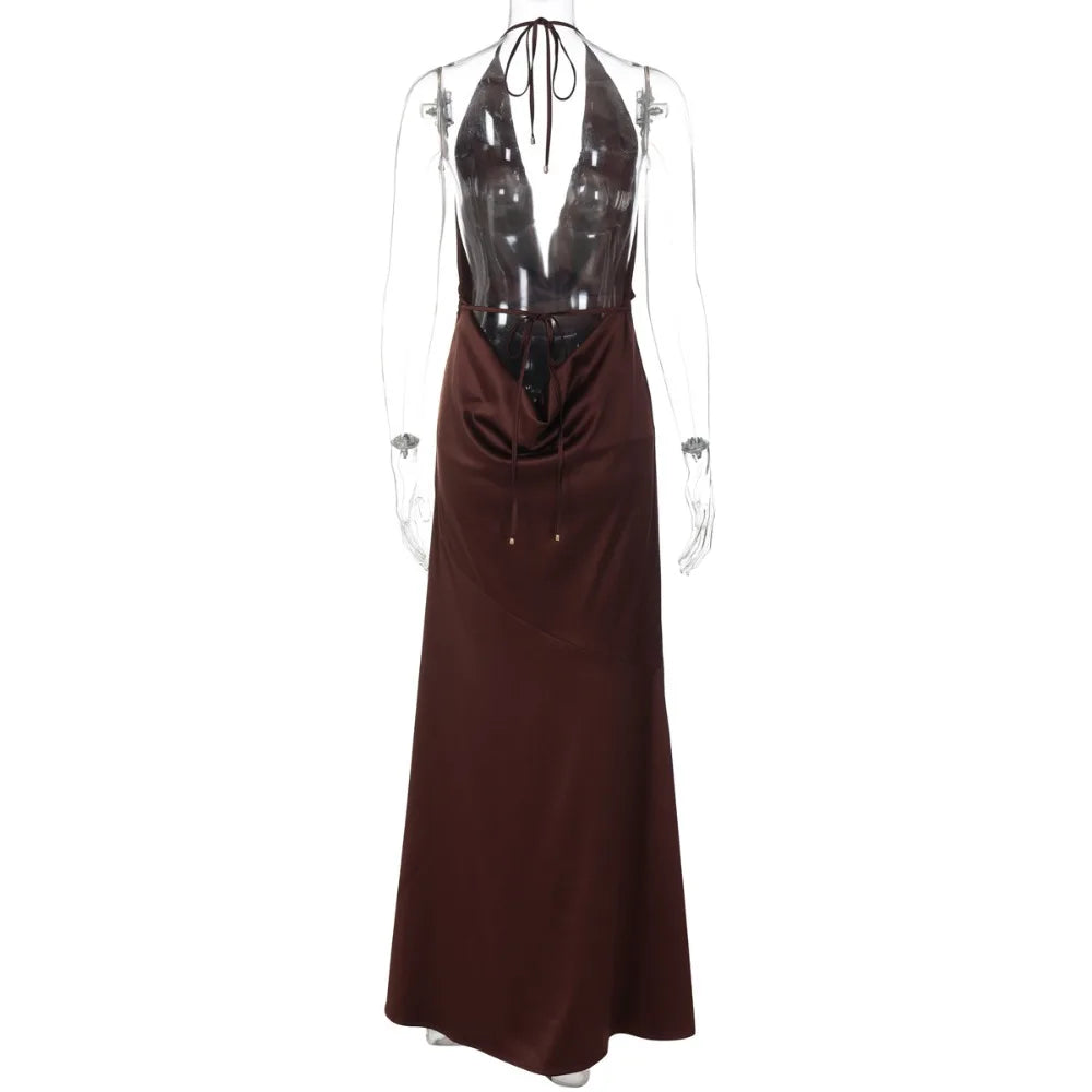 Women's Evening Gown Deep V Neck Halter Sexy Maxi Dress Solid Color Summer Sleeveless Backless Slim Fit Party Long Dress