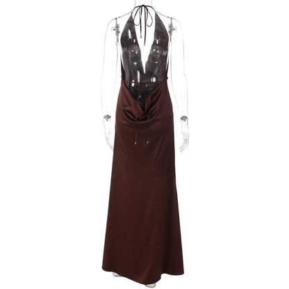 Women's Evening Gown Deep V Neck Halter Sexy Maxi Dress Solid Color Summer Sleeveless Backless Slim Fit Party Long Dress