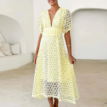 Sexy Deep V Lace Hollow Crochet Solid color Party Dresses Summer Elegant Women Temperament Waist Cinching A-Line Maxi Dress 2025