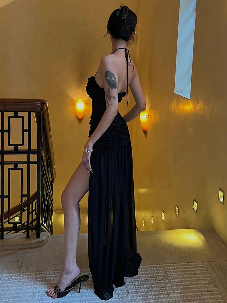 Patchwork Mesh Maxi Dress Women High Slits Folds Halter Bandage Backless Sleeveless Elegant Temperament Banquet Vestidos