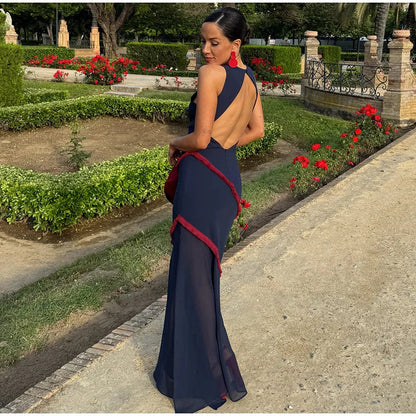 Sexy Backless Patchwork Long Dress Women Retro O-neck Sleeveless Side Slit Slim Party Dresses Female 2025 Summer Chic Vestidos