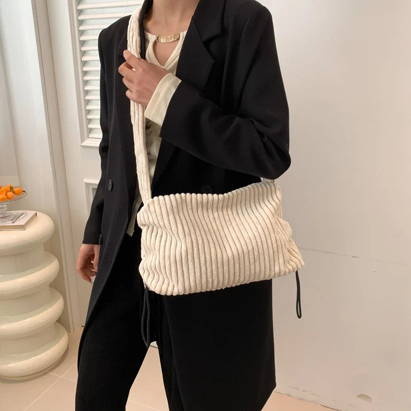 Beige Corduroy Bag For Women Simple Shoulder Bag Versatile Shopper Underarm Handbag Purse Zipper Small Messenger Bag Travel