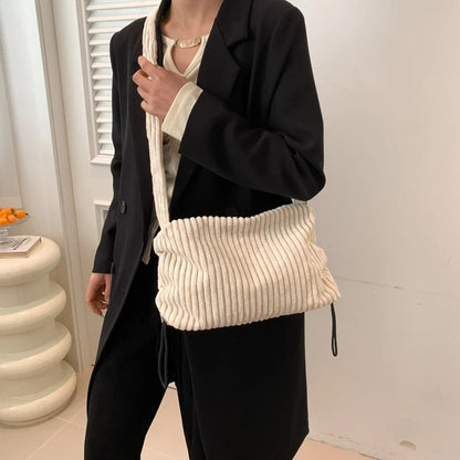 Beige Corduroy Bag For Women Simple Shoulder Bag Versatile Shopper Underarm Handbag Purse Zipper Small Messenger Bag Travel