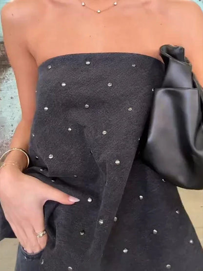 Nail Polka Dot Strapless Top Pants Women Set Off Shoulder Baggy Slimming Commute Blouse Vest Straight Leg Trousers Formal Attire