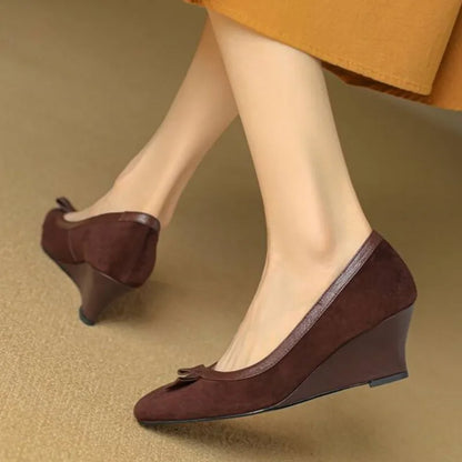 Women's Wedges Pumps Faux Suede Boat Shoes High Heels Slip on Dress Shoes Autumn Bow Boat Shoes for Zapatos Mujer 1861