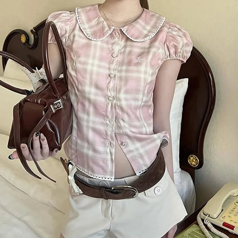 Kawaii Sweet All Match Peter Pan Collar Slim Waist Blouse Y2k Aesthetic Constrast Color Plaid Single Breasted Shirts Casual Tops