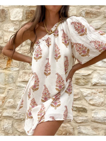 One Shoulder Puff Sleeve Paisley Print Relaxed Flow Mini Dress