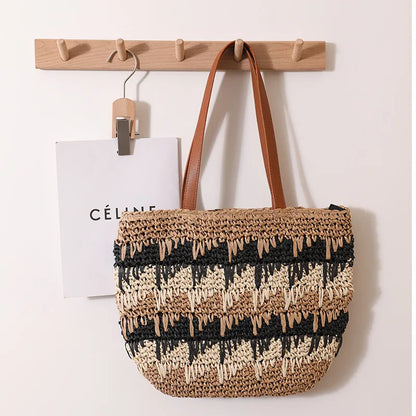 New One Shoulder Grass Woven Bag Contrast Color Handmade Large Capacity Beach Vacation Leisure Summer Women's Bag
