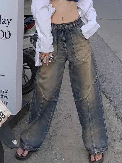 Washed Patchwork High Waist Jeans for Women American Vintage Distressed Straight Jeans Hip Hop High Street Wide Leg Trousers
