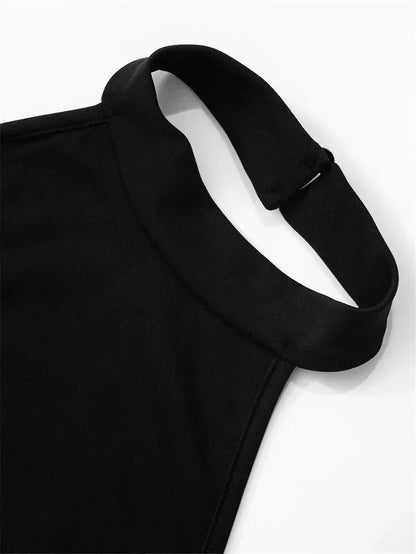 Halter Contrast Panel Gathered Side Bubble Midi Dress