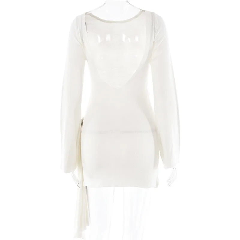 Boucle Knit Boat Neck Bell Sleeve Knot Detail Wrap Mini Dress