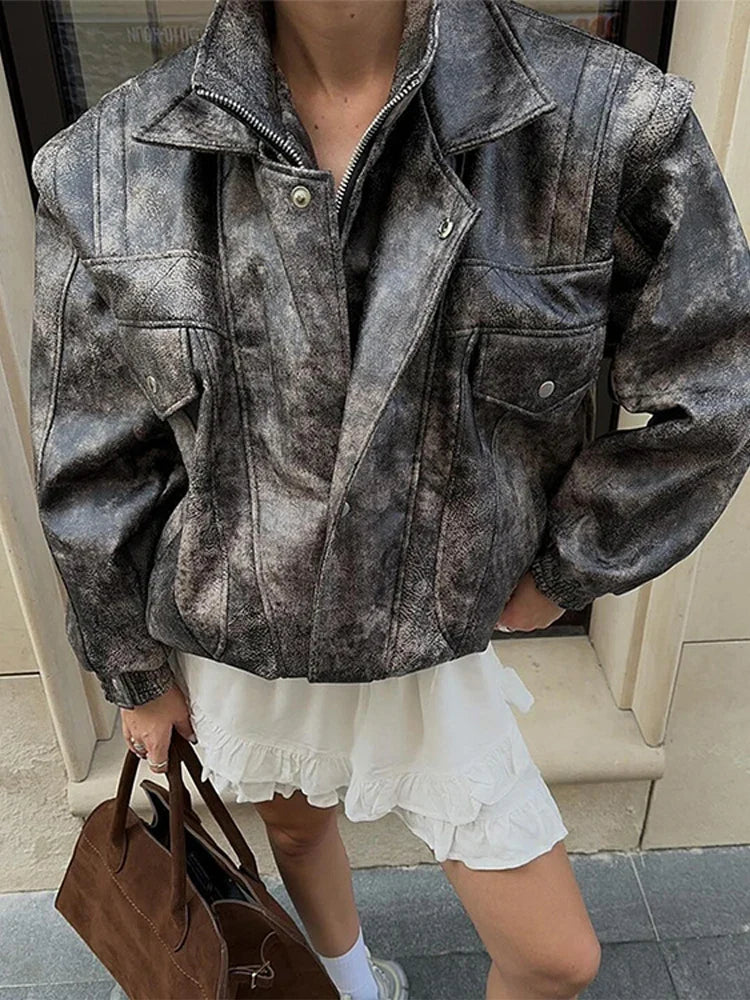 Women's Cropped PU Leather Jacket Chic Turn Down Collar Zipper Gradient Color Female Retro Coat Autumn Motorcycle Outwears