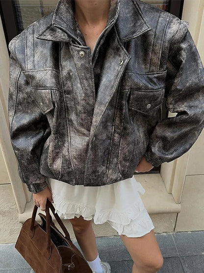 Women's Cropped PU Leather Jacket Chic Turn Down Collar Zipper Gradient Color Female Retro Coat Autumn Motorcycle Outwears