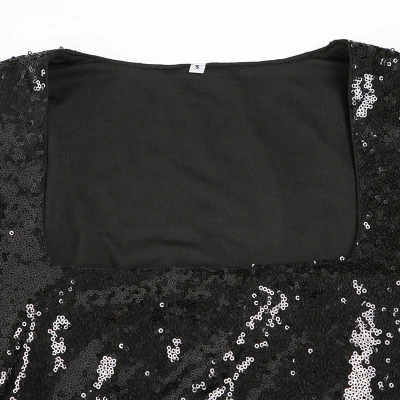 Elegant Black Sequins Dress Women's Bodycon Square Neck Autumn Party Dresses Chic Mature Outfits Bling Club Charming