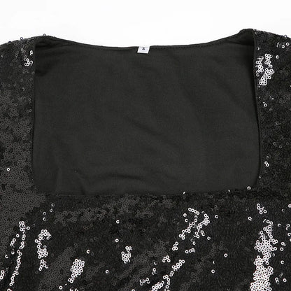 Elegant Black Sequins Dress Women's Bodycon Square Neck Autumn Party Dresses Chic Mature Outfits Bling Club Charming