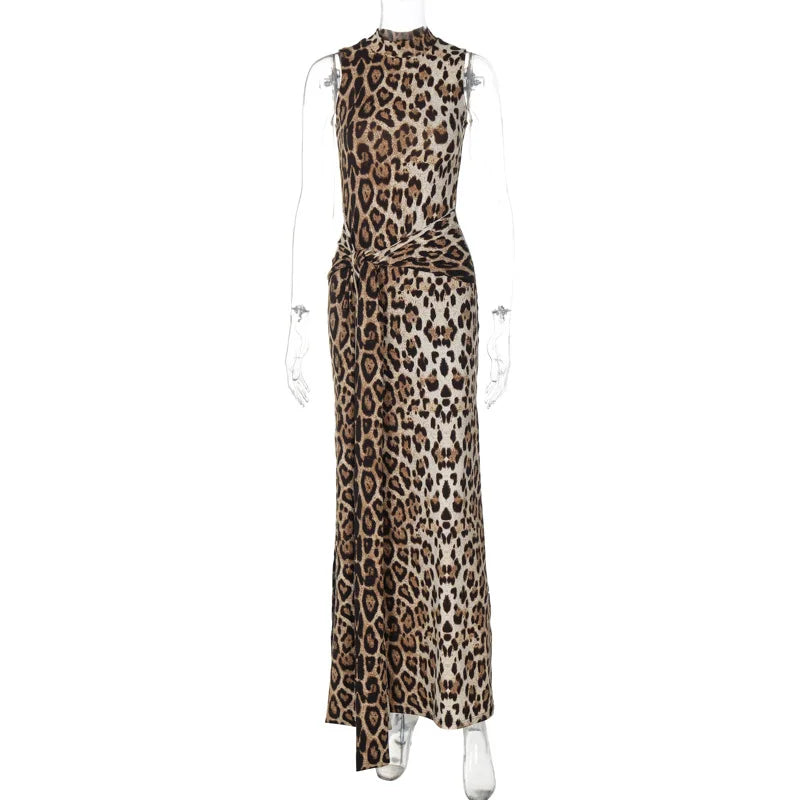 Woman Elegant Leopard Print Bandage Long Dress 2024 Summer Sexy O-neck Sleeveless Tunics Bodycon Slit Evening Party Dresses