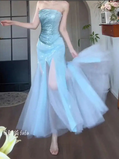 Strapless Evening Gown Light Luxury Dress Niche High-end Student Temperament Art Exam Adult Banquet Host Blue Fish Tail Dress