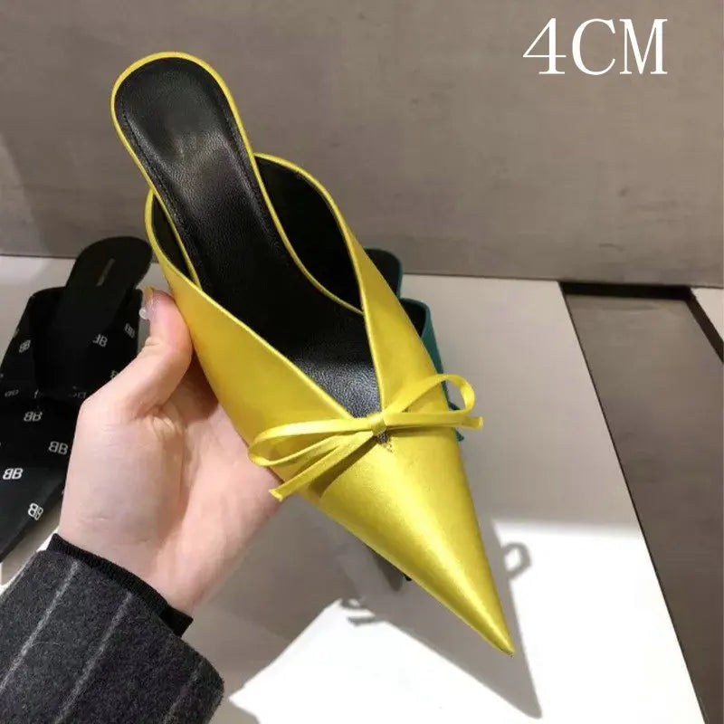 Super Hot Pointy Bow V-Top Skinny Heel Bun Towing Summer Muller Shoes Fashion Leather Low Heel Pumps