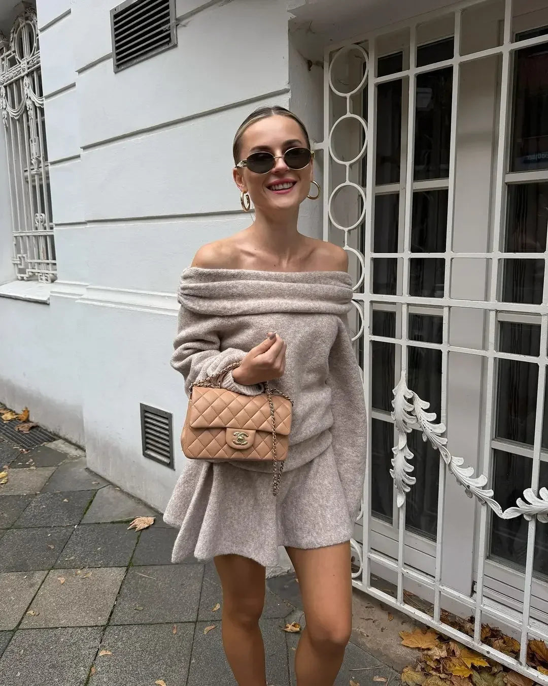 Elegant Solid Color Cashmere Women's Mini Skirt Suits One Neck Off Shoulder Long Sleeved Sweater Sets Lady High Street Outfits