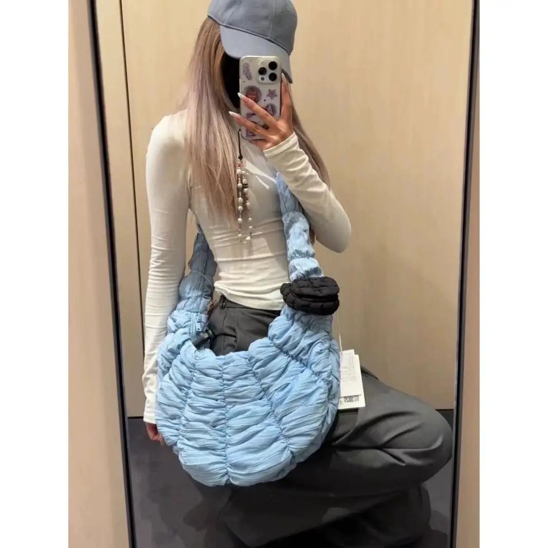 Korean Style Balletcore Bow Shoulder Bag Women Pleated Large Capacity Cloud Bag Ladies Sweet Cute Crossbody Bag New