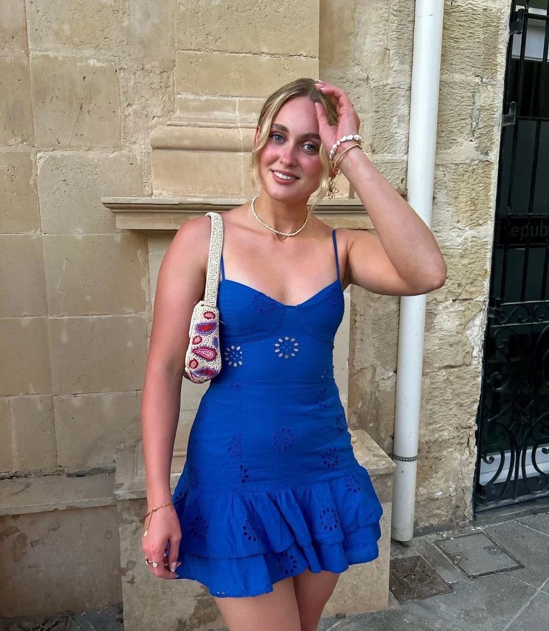 Women's Summer New Sexy Sling V-neck Layered Decoration Hollow out Embroidery Layered Ruffle Edge Short Dress