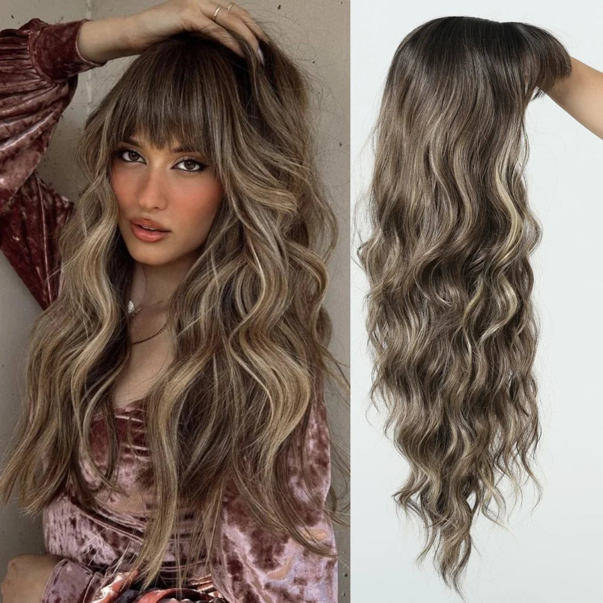 Ombre Blonde Wig with Bangs Long Wavy Wig for Women Highlight Platinum Curly Synthetic Wig Cosplay Party Daily Heat Resistant