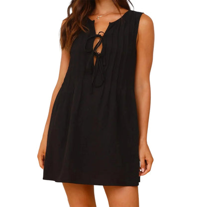Women s Casual Sleeveless V-Neck Mini Dress with Front Tie Detail and Pleated Skirt for Summer Beach Party