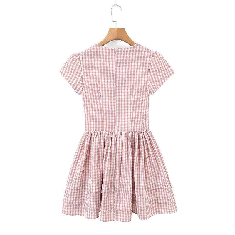 Casual Short Plaid Dresses For Women Vintage Puff Sleeve V Neck A-line Mini Vacation Dress 2026 Summer Robe