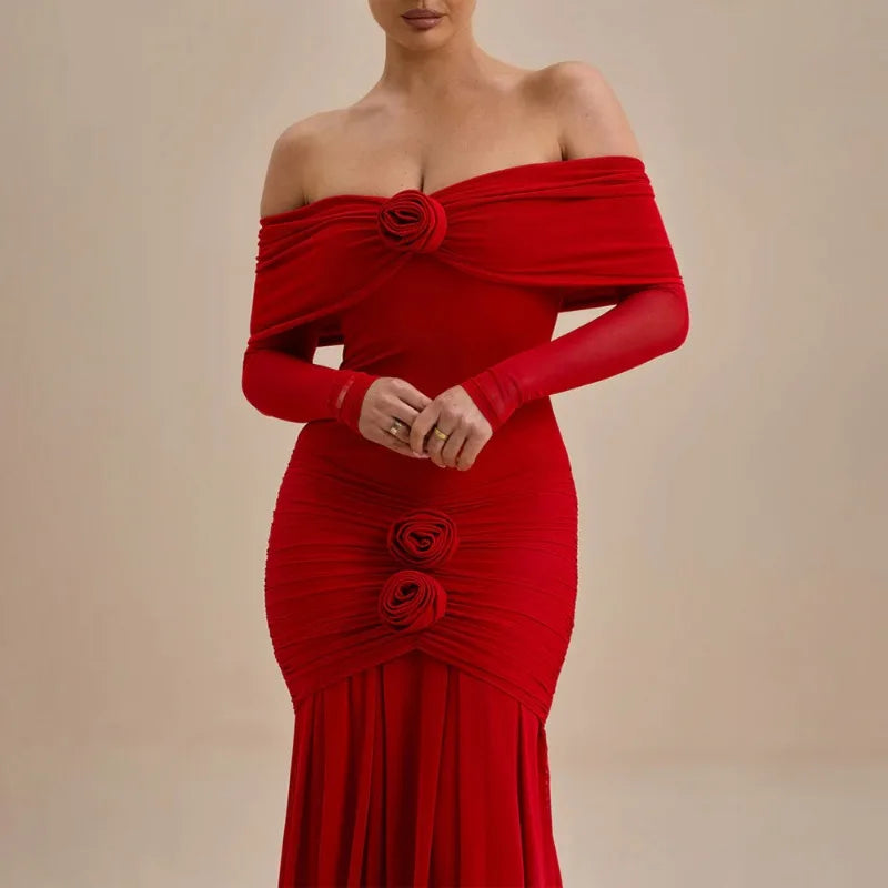 Off Shoulder Long Sleeve 3D Floral Rosette Mermaid Maxi Gown