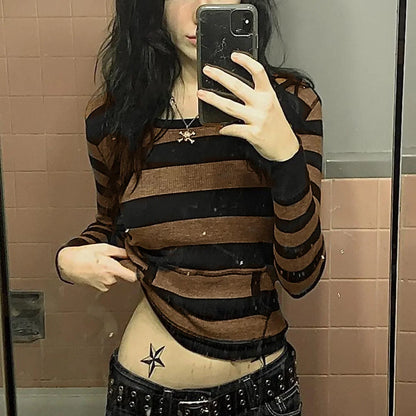 Autumn Y2k Fairy Grunge Pullover Hoodie Striped Print Hoodies Female Sweatshirts Women Hooded Fairycore Aesthetic Harajuku Tops