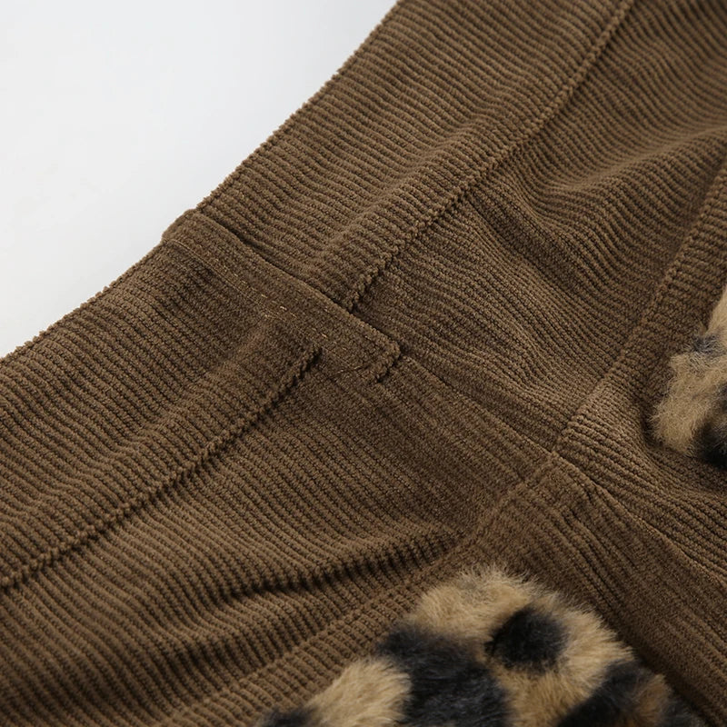 Casual Patchwork Fur Leopard Corduroy Shorts Basic Low-Waisted Shorts Women Autumn Winter Fashion Streetwear Lady