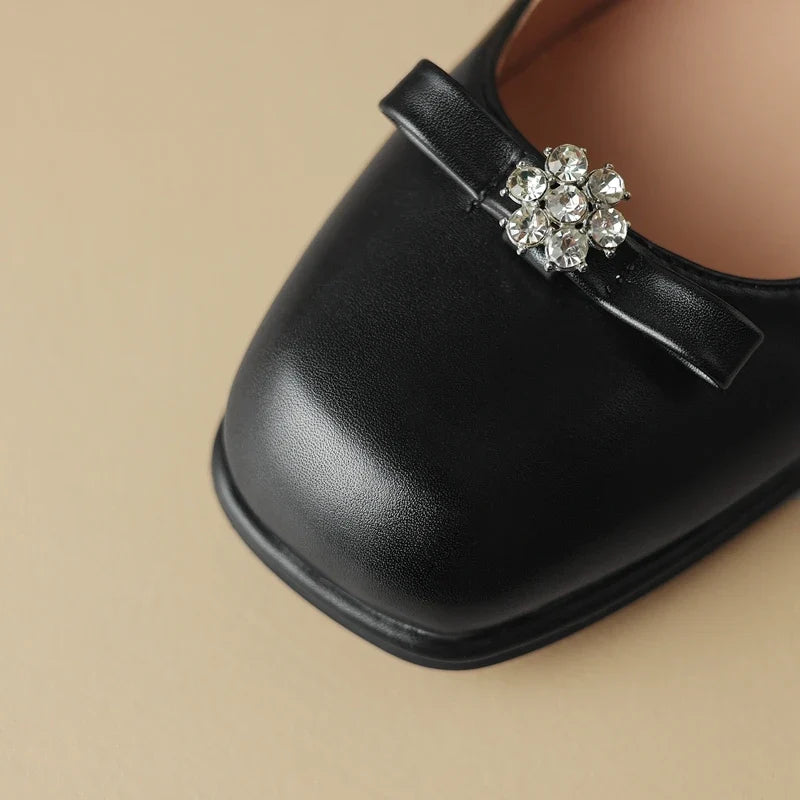 Women's New Spring and Autumn Round Head Bow with Diamond Flower Belt Buckle Middle Heel Large Mary Jane Single Shoes
