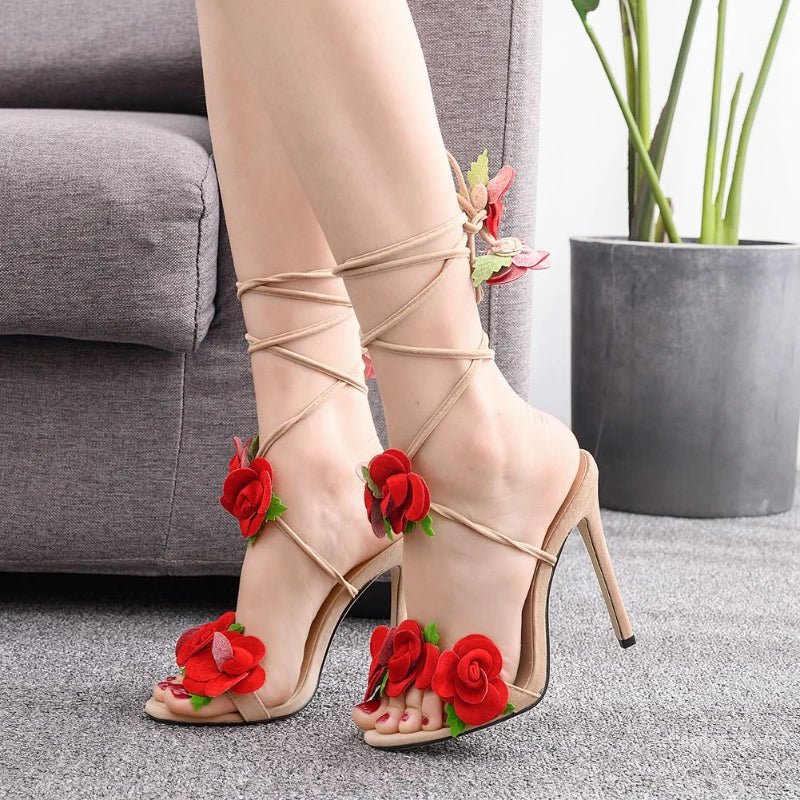 New Satin Rose High Heel Cross Straps Round Head Fine Heel Super High Heel Large Size Strappy Women's Sandals Wedding Shoes