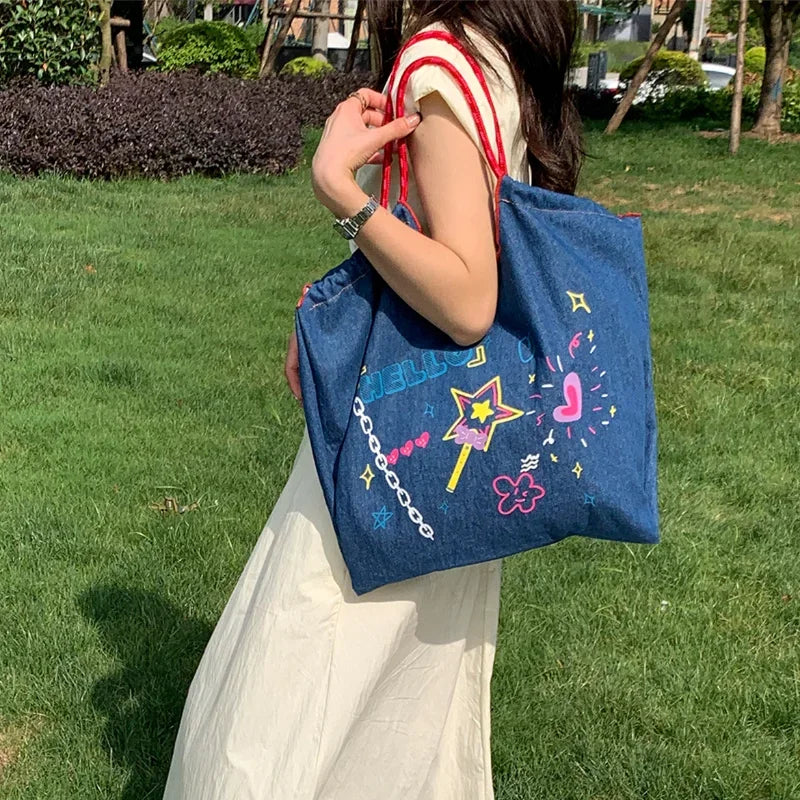 High-capacity Personality Graffiti Denim Handbags Y2k Kawaii Letter Print Tote Bags Women Preppy Sweet Ins Shoulder Underarm Bag