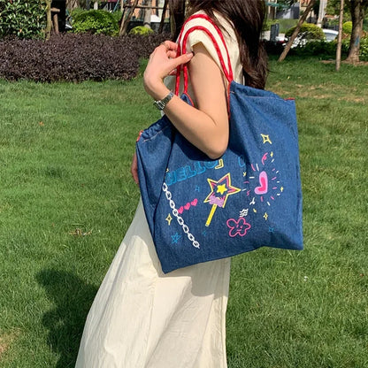 High-capacity Personality Graffiti Denim Handbags Y2k Kawaii Letter Print Tote Bags Women Preppy Sweet Ins Shoulder Underarm Bag