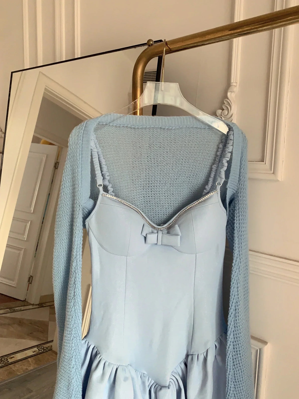 Strap Ballet Fishtail Dress Women Spring Summer New High Quality Bow Luxury Diamond Skirt+Hollow Cardigan Two-piece Set