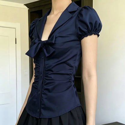 Temperament Preppy Style Bow V Neck Puff Short Sleeve Women's Blouse Y2k Aesthetic Harajuku Pleated Casual Shirts Spice Clothes
