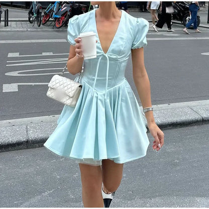 Women Elegant Satin Solid Lace Up Pleated Hem Dresses Chic V-neck High Waist A-line Mini Dress 2024 New Lady Evening Party Prom