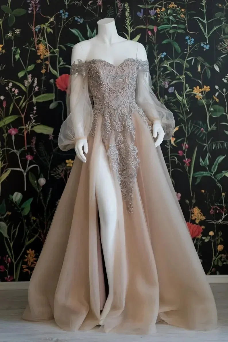 Champagne Evening Gowns Applique Beads Maxi Dresses With Split فساتين سهره فاخره Fairy Style Prom Gowns Sequined Long Sleeves