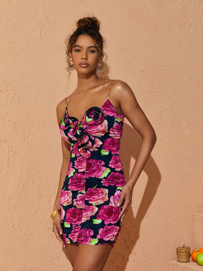 Sweetheart Neck Spaghetti Strap Rosette Applique Ruched Floral Mini Dress