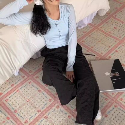 Casual South Korea Chic Spring Design Lace Up Bow High Waist Versatile Jacquard Casual Straight Pants Trousers Women