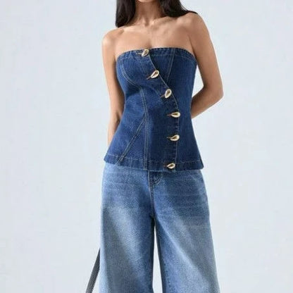 Spicy Girl Backless Denim Strapless Summer New Fashion Waist Cinching Short Sleeveless Chest Wrapped Top