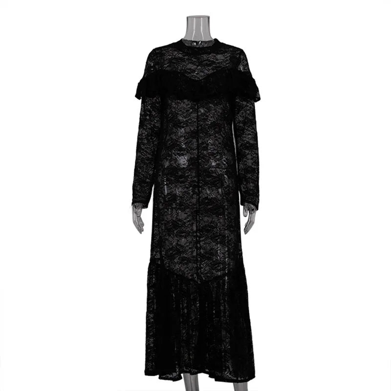 Sexy Lace Hollow Out A-lined Long Dresses Women Vintage Loose Perspective O-neck Black Dress Female Chic Elegant Party Street