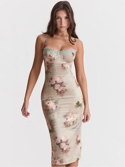 Floral Print Lace-Trim Sweetheart Spaghetti Strap Bodycon Midi Dress
