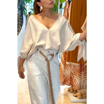 Elegant Women Pants Set Chic Loose Long Batwing Sleeve Shirt Top Wide Leg Pants Two Piece Trousers Set Lace Hollow Out Outfits
